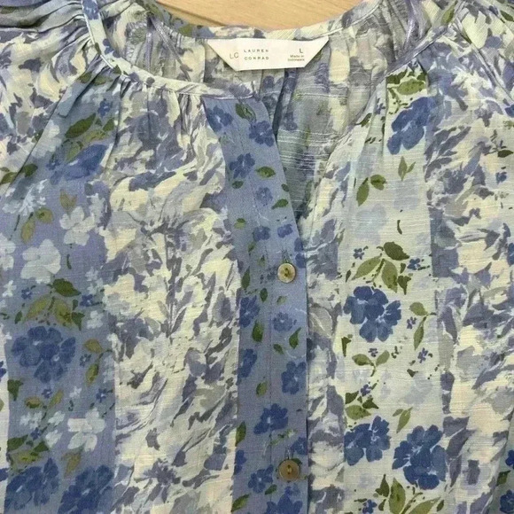 LC Lauren Conrad Blue Blooming stripe Floral Raglan Sleeve Button Top Large blue - Picture 6 of 8